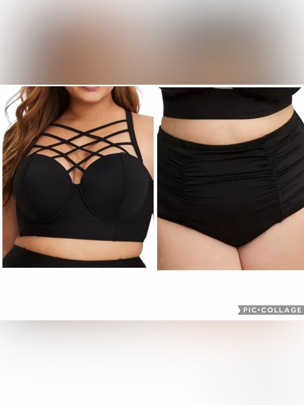 TORRID Black Strappy Longline Bikini Top/High-Rise Ruched Swim Bottom/38DD & 1X